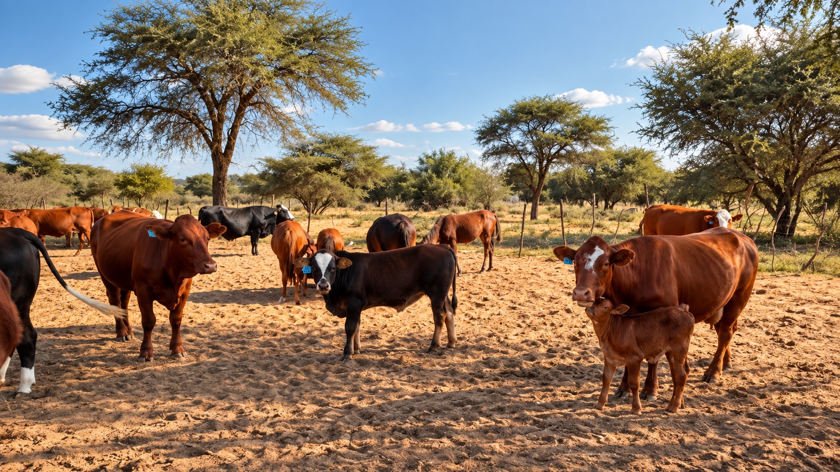 Ofentseboka cattle in the shade of acacia trees