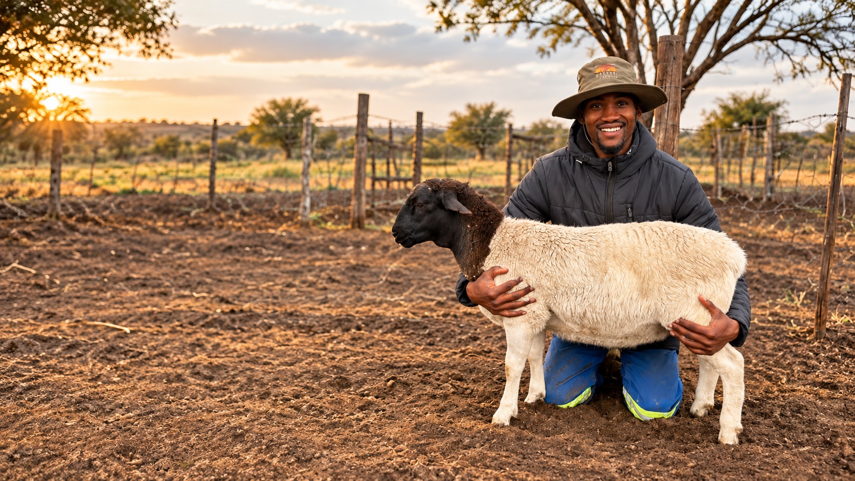A member of the Ofentseboka team holding a sheep on the farm